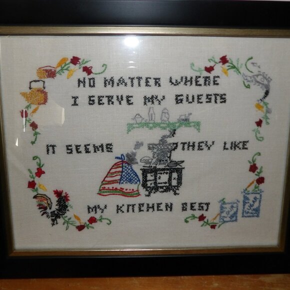 Vintage FRAMED 13x16" Hand Embroidered Cross Stitch Embroidered Kitchen Sampler - Picture 5 of 5